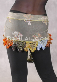 Embroidered Beaded Net Egyptian Hip Scarf- Sage with Multi-Color