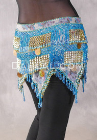 Teardrop Fringe Wave Egyptian Hip Scarf with Large Paillettes - Floral with Blue Iris and Gold