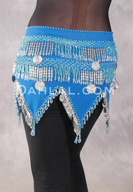 Teardrop Fringe Wave Egyptian Hip Scarf with Coins - Solid Turquoise with Light Turquoise Iris and Silver
