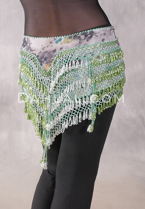 Deep "V" Beaded Loop Egyptian Hip Scarf - Graphic Print with Lime Iris, White Iris and Silver