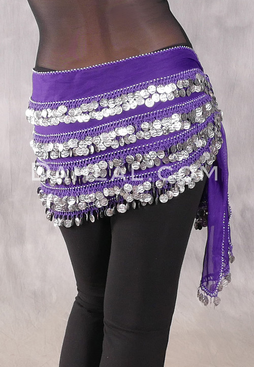 Five-Row Egyptian Coin Hip Scarf - Purple and Silver 