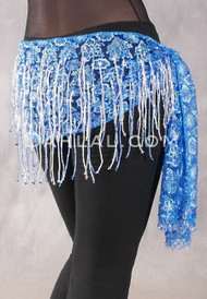 Egyptian Lace Fringe Hip Wrap - Medium Blue, Light Blue, Silver and White