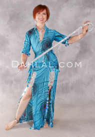FIFI'S SASSY SAIDI Egyptian Dress - Turquoise Peacock Print with Silver