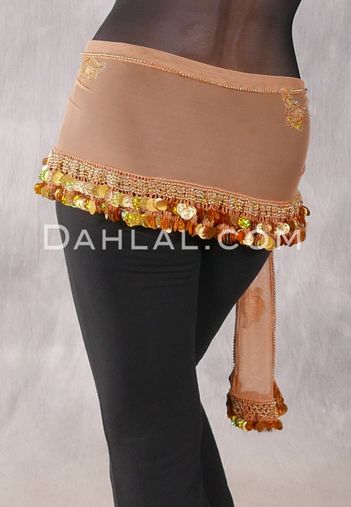 Egyptian Sheer Hip Scarf With Coins And Paillettes - Camel with Gold