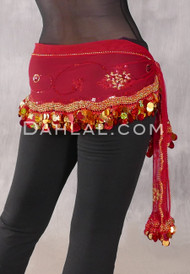 Egyptian Sheer Hip Scarf With Coins And Paillettes - Red with Gold