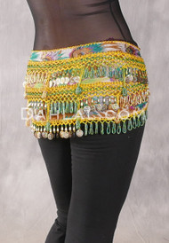 Egyptian Hip Scarf With Beads And Coins - Peacock Print with Green and Gold