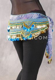 Egyptian Hip Scarf With Beads And Coins - Graphic Print with Gold and Turquoise