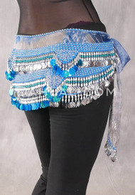 Egyptian Hip Scarf With Beads And Coins - Graphic Print with Silver and Turquoise