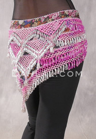 Egyptian Deep V Beaded Hip Wrap with Teardrop Beads - Floral with Pink, Fuchsia and Silver
