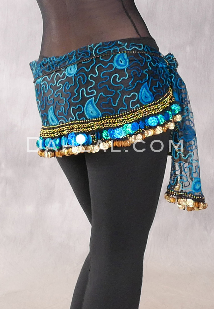 Egyptian Embroidered Paisley Sheer Hip Scarf with Coins and Paillettes ...