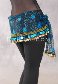 Egyptian Embroidered Paisley Sheer Hip Scarf with Coins and Paillettes - Teal and Gold