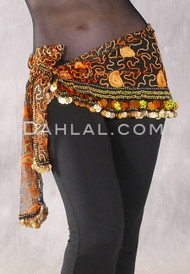 Egyptian Embroidered Paisley Sheer Hip Scarf with Coins and Paillettes - Orange and Gold