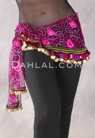 Egyptian Embroidered Paisley Sheer Hip Scarf with Coins and Paillettes - Fuchsia and Gold