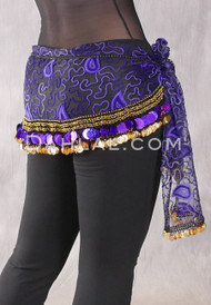 Egyptian Embroidered Paisley Sheer Hip Scarf with Coins and Paillettes - Purple and Gold