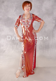 FIFI'S SHIMMERING Egyptian Saidi Dress - Iridescent Coral, Silver and Red,