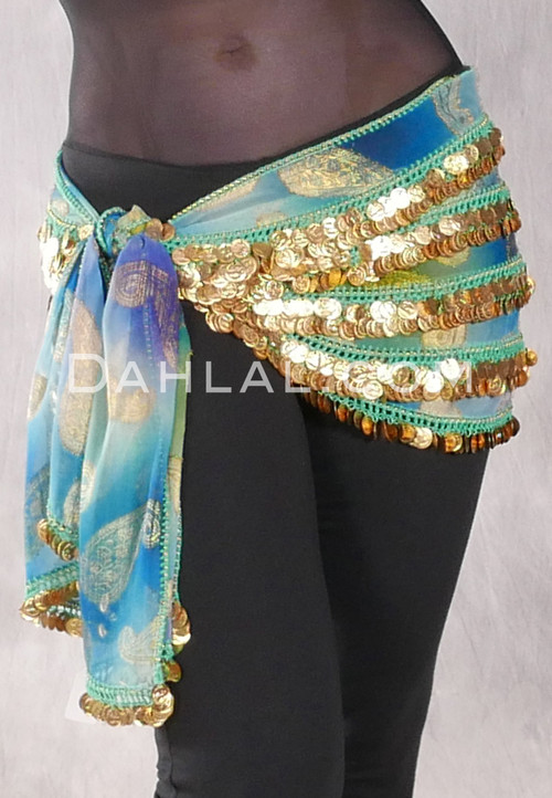 Dynasty VII Five Row Egyptian Coin Hip Scarf - Teal, Green and Gold