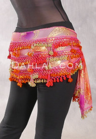 Dynasty VII Beaded 3-Row Egyptian Hip Scarf - Fuchsia with Red, Orange and Gold