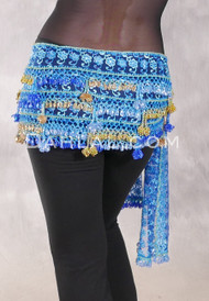 Beaded 3-Row Egyptian Lace Hip Scarf -Medium Blue with Light Blue, Gold and Blue Iris