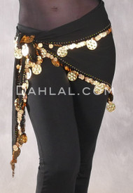 Single Row Egyptian Coin Hip Scarf with Multi-size Coins - Solid Black and Gold