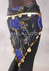 Single Row Egyptian Coin Hip Scarf with Multi-size Coins - Black with Royal Blue Floral and Gold