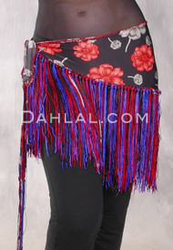 Lycra Fringe Hip Scarf in Floral with Black, Red and Blue
