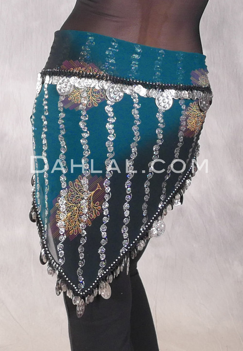 Single Row Egyptian Coin Hip Scarf with Multi-size Coins- Teal and Black Gradient with Silver