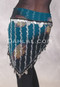 Single Row Egyptian Coin Hip Scarf with Multi-size Coins- Teal and Black Gradient with Silver