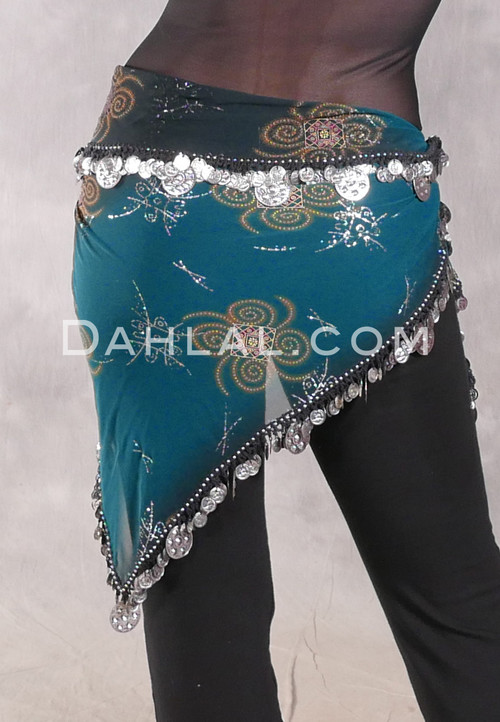 Single Row Egyptian Coin Hip Scarf with Multi-size Coins- Teal and Black Gradient with Silver