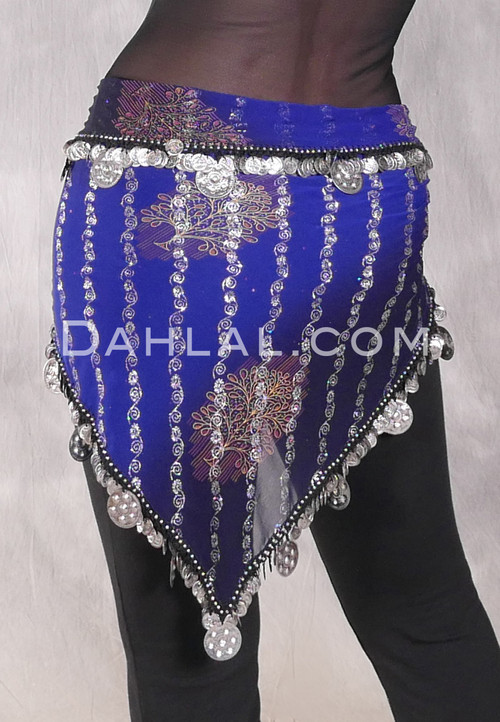 Single Row Egyptian Coin Hip Scarf with Multi-size Coins - Royal Blue and Black with Silver