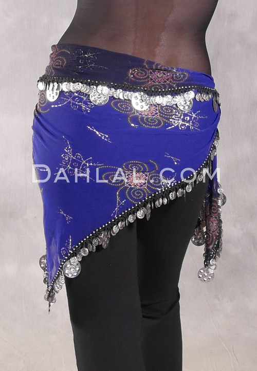 Single Row Egyptian Coin Hip Scarf with Multi-size Coins - Royal Blue and Black with Silver