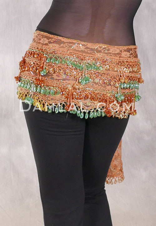 Beaded 3-Row Egyptian Lace Hip Scarf - Toffee with Gold, Bronze and Green Iris