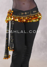 Assuit Beaded Coin and Paillette Egyptian Hip Scarf - Black and Gold