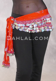 Assuit Beaded Coin and Paillette Egyptian Hip Scarf - Orange and Silver