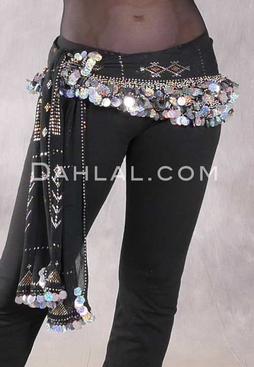 Assuit Beaded Coin and Paillette Egyptian Hip Scarf - Black, Silver and Gold
