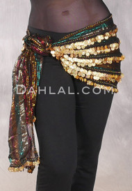 Five-Row Egyptian Coin Hip Scarf - Black with Gold, Red and Green