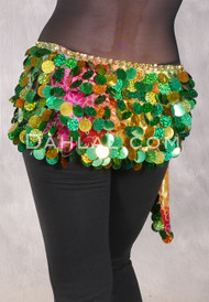 Egyptian Velvet Hip Wrap with Paillettes - Fuchsia, Yellow and Green Gradient with Gold and Green