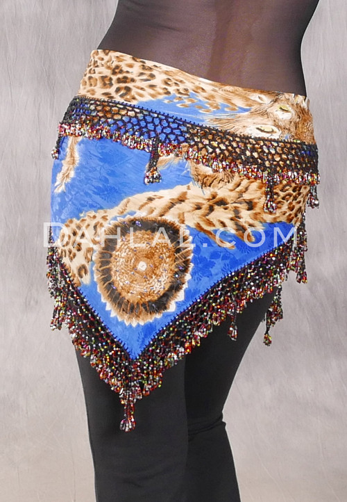 DYNASTY Wide Row Beaded Hip Scarf - Royal Blue and Tan Graphic Print with Multi-color