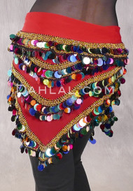 Three Row Egyptian Paillette Scarf - Red with Multi-color and Silver