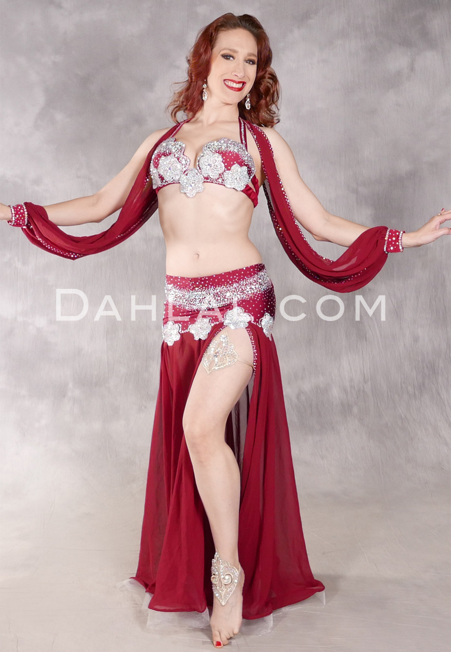 BLOSSOMS ON WINE Egyptian Costume - Wine and Silver, Bra Size B-B/C -  Dahlal Internationale
