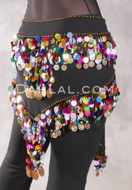 Egyptian Triangle Hip Scarf with Paillettes and Coins - Black