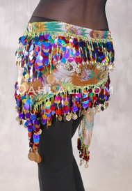 Egyptian Triangle Hip Scarf with Paillettes and Coins - Peacock Print