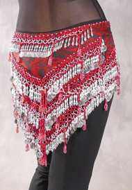 Egyptian Teardrop Bead and Coin Hip Scarf - Red, Black and Silver