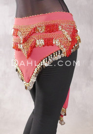 Egyptian Teardrop Bead and Coin Hip Scarf - Coral Pink, Gold and Red