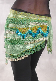 Egyptian Deep V Beaded Hip Wrap and Teardrop Beads - Graphic Print with Green, Gold and Turquoise