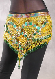Egyptian Deep V Beaded Hip Wrap with Teardrop Beads and Coins - Peacock Print with Gold and Green