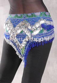Egyptian Deep V Beaded Hip Wrap with Teardrop Beads and Coins - Graphic Print with Royal Blue, Silver and White Iris