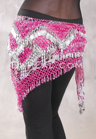 Egyptian Deep V Beaded Hip Wrap with Teardrop Beads and Coins- Animal Print with Pink and Silver