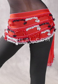 Beaded 3-Row Egyptian Chiffon Hip Scarf- Red with Silver, Black & Red