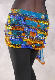 Beaded 3-Row Egyptian Chiffon Hip Scarf -Floral with Royal Blue, Yellow, Golden Rod and Light Turquoise