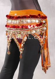 Egyptian Teardrop Wave Hip Scarf with Coins and Pailettes - Ethnic Print with Red and Gold